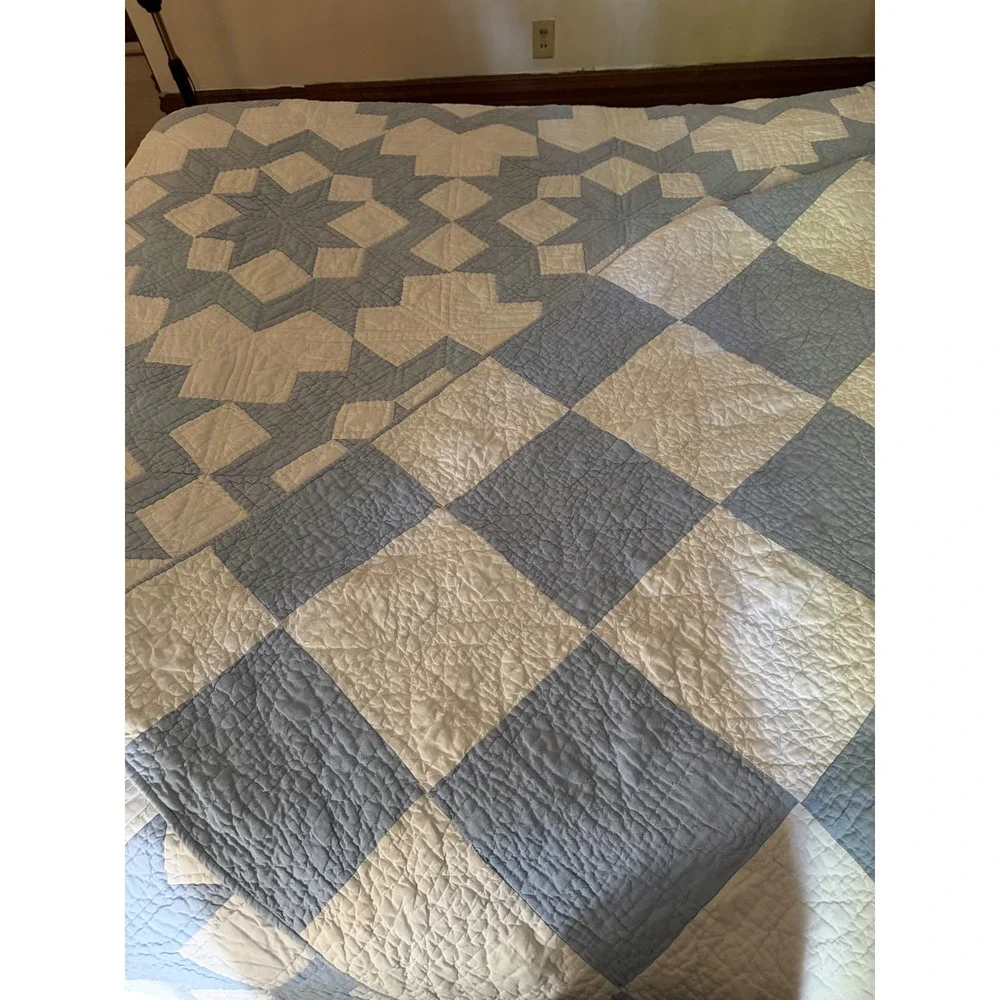 Pine Cone Hill Blue White Star Patchwork Quilt Reversible Bedspread Cottagecore